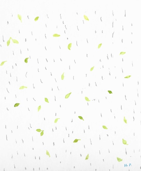 Green leaves falling through rain pattern