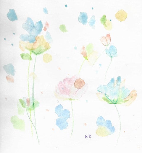 Watercolor flowers and scattered petals painting