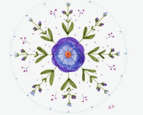 Botanical mandala with a purple and blue flower at the center