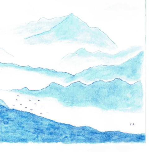 Layered blue mountain ranges in watercolor with birds in the valley