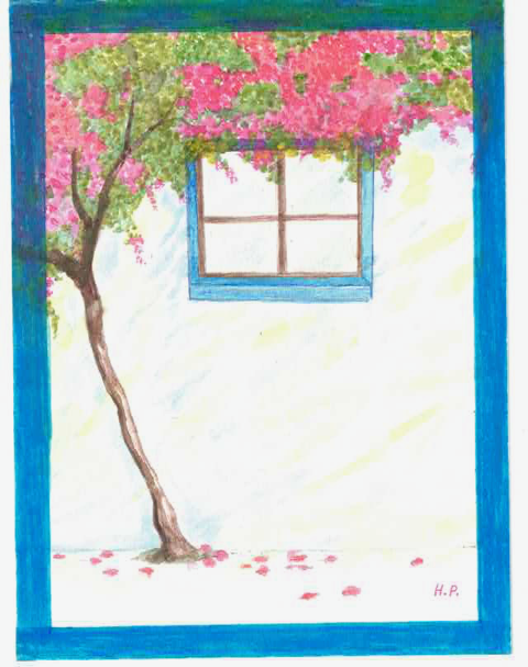 Watercolor flowering tree beside a blue-framed window with falling petals