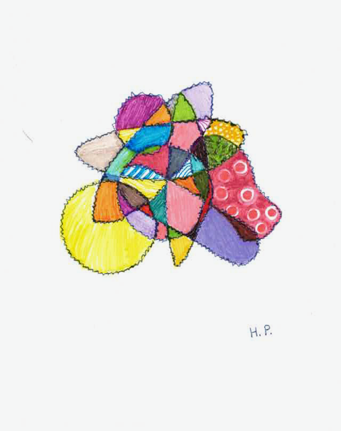 Colorful geometric patchwork drawing with bold shapes and patterns
