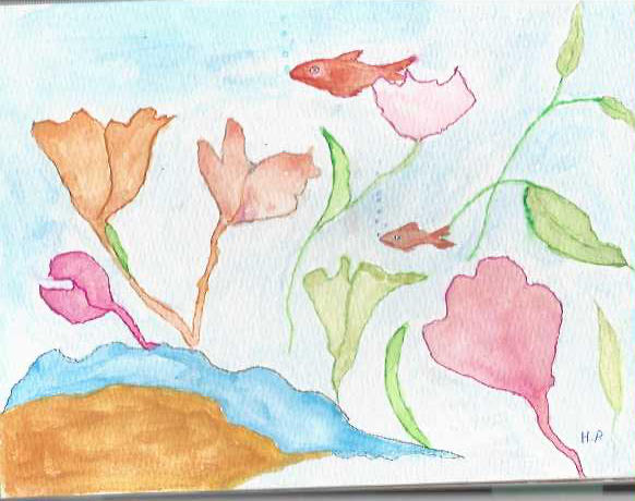 Watercolor fish swimming among flowers
