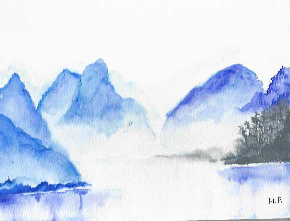 Watercolor mountain lake landscape
