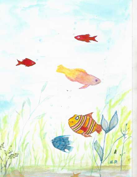 Colorful fish swimming among underwater plants