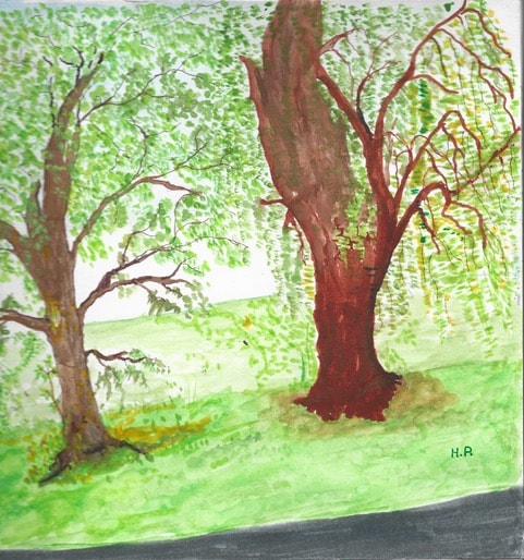 Watercolor painting of trees in green landscape